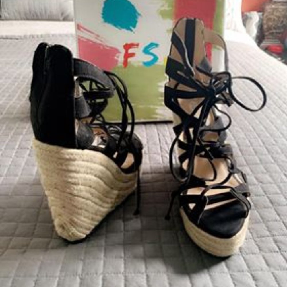 Black Suede Lace up Wedge Heels Peep Toe Platform